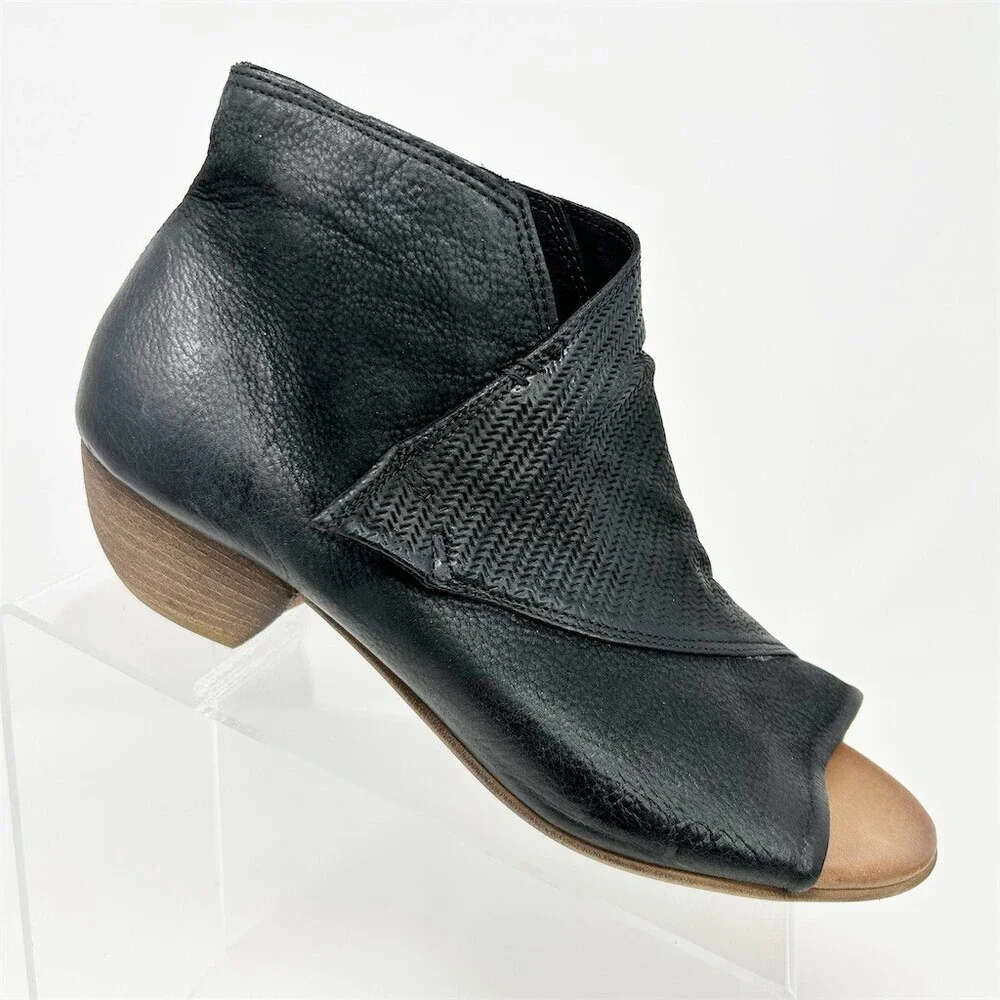 Miz Mooz Camp Ankle Booties Womens Black Peep Toe Side Zip Low Block Heel 40